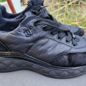Chanel 21S G38035 black leather &nylon sneakers 24.5sm insole (See Notes)